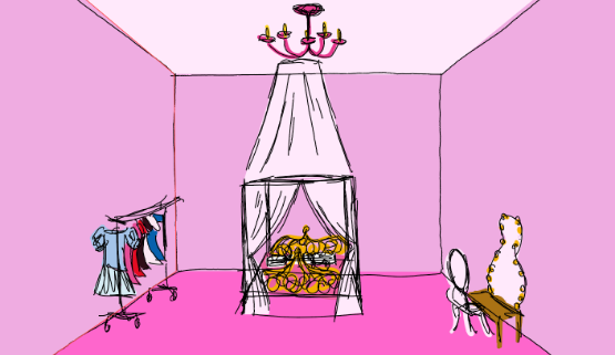 Chambre entièrement rose avec un lit à baldaquin de princesse, une coiffeuse à droite et un dressing à gauche.